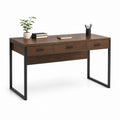Bureau classique 3 tiroirs noyer foncé en panneau de particules et acier 140 x 60 x 75 cm