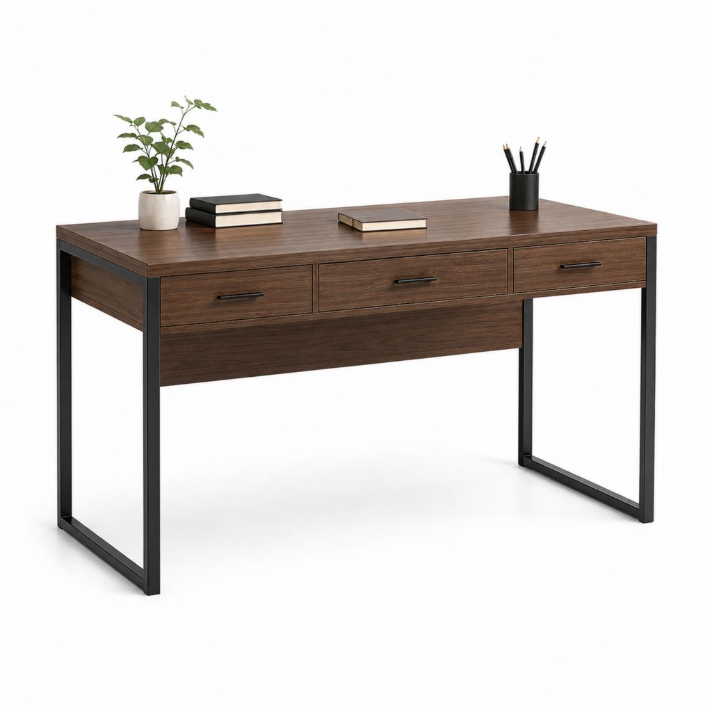 Bureau classique 3 tiroirs noyer foncé en panneau de particules et acier 140 x 60 x 75 cm