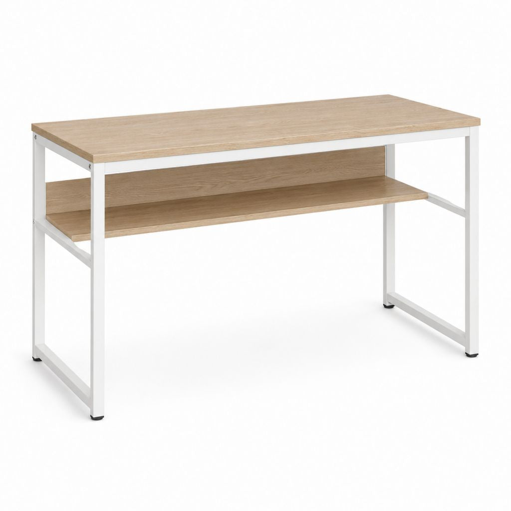 Bureau informatique rectangulaire chêne clair et blanc en panneau de particules et acier 120 x 60 x 75 cm