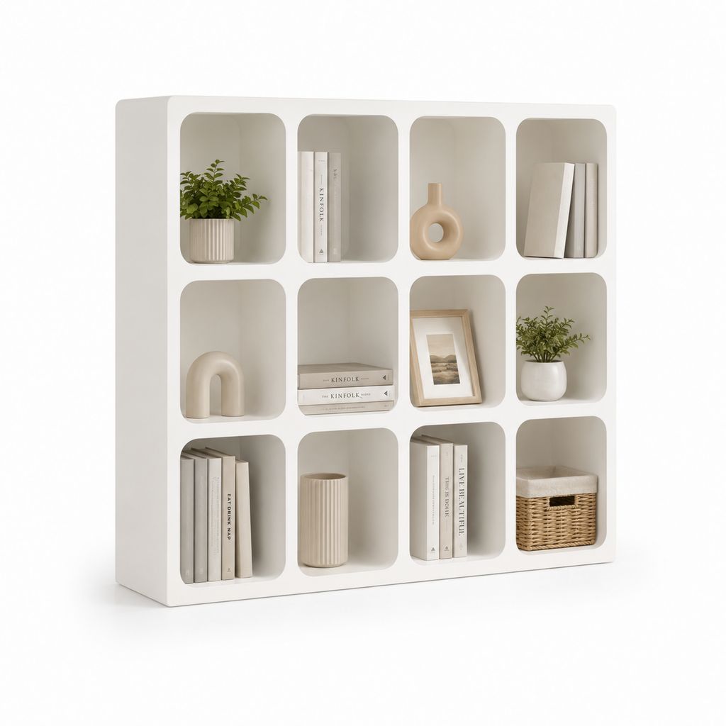 Bibliothèque de rangement blanche en MDF rectangulaire à 12 niches 120 x 120 x 30 cm