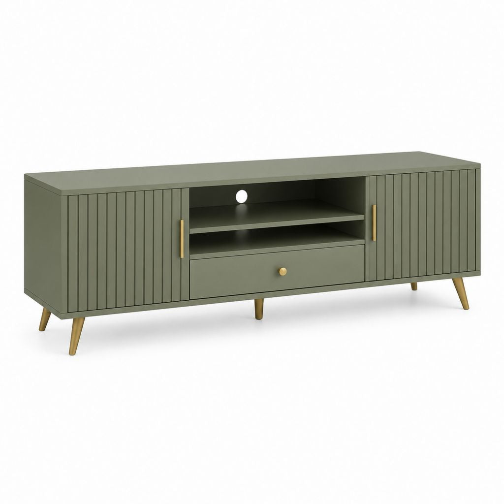 Meuble TV vert olive en MDF rectangulaire avec 2 portes et tiroir 160 x 40 x 55 cm