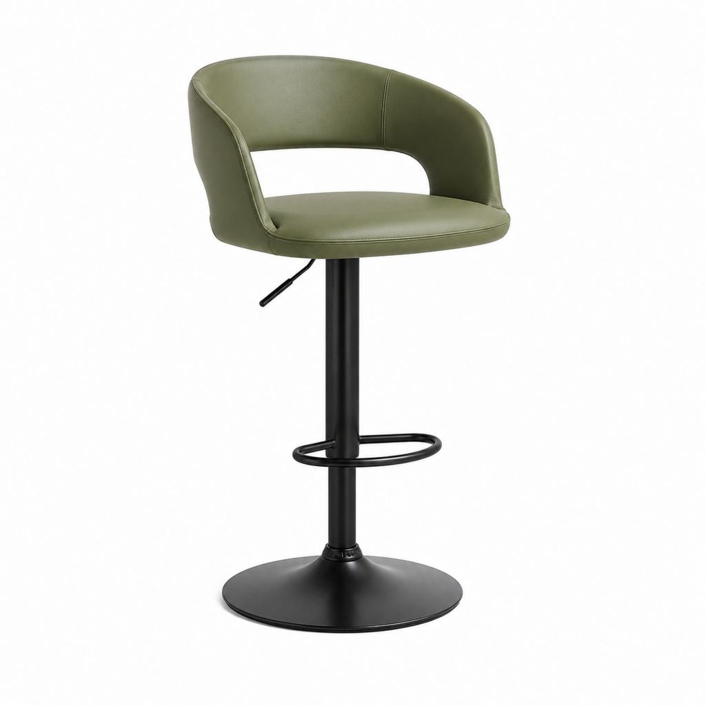 Tabouret de bar réglable vert olive en PU avec base ronde en acier 52 x 51 x 89-110 cm