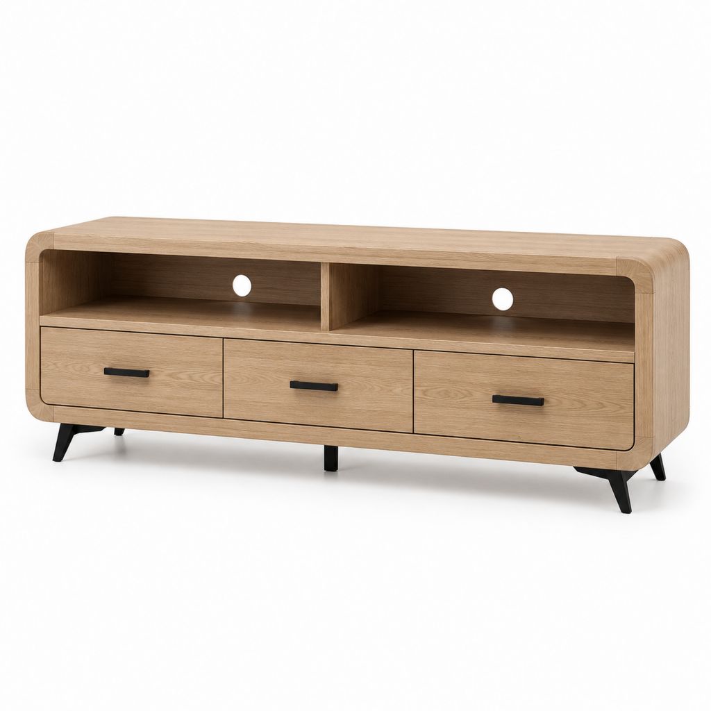 Meuble TV 160 cm chêne clair en MDF plaqué chêne avec 3 tiroirs et 2 niches