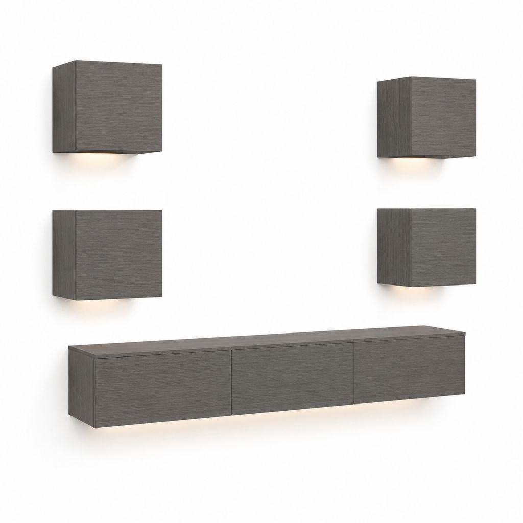 Ensemble meuble TV mural 5 pièces gris anthracite en panneaux de particules mélaminés 180 x 35 x 30 cm