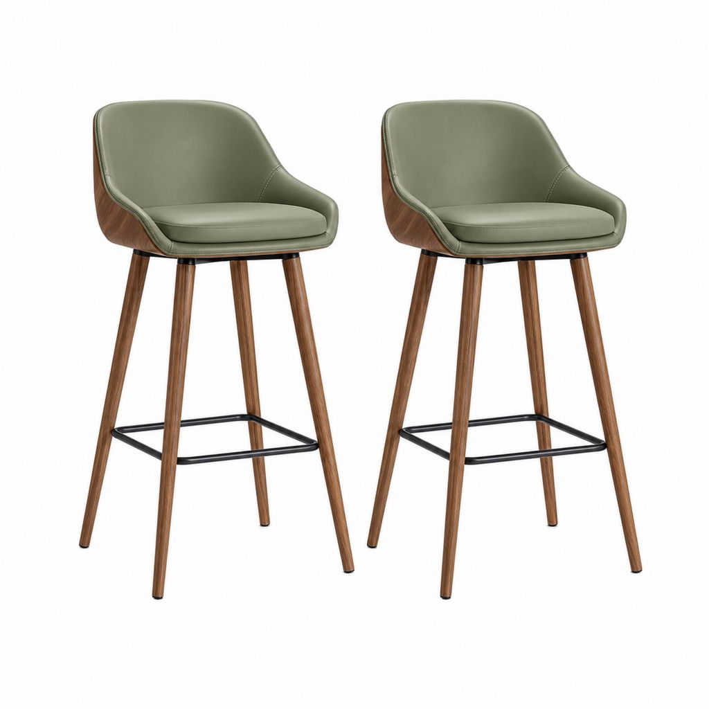 Lot de 2 tabourets de bar à dossier vert olive en polyuréthane pieds en hévéa 50 x 53 x 97 cm