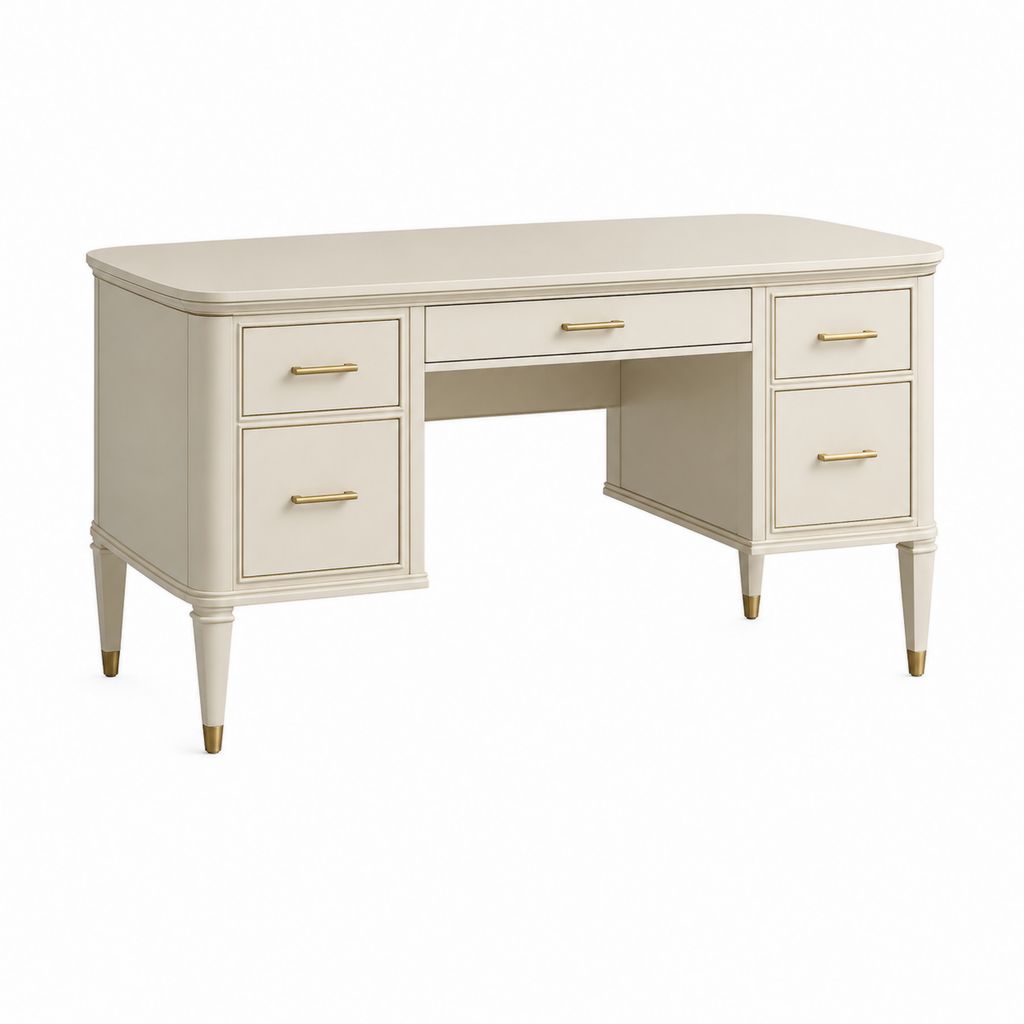 Bureau classique ivoire en panneaux MDF rectangulaire avec 5 tiroirs 140 x 60 x 76 cm
