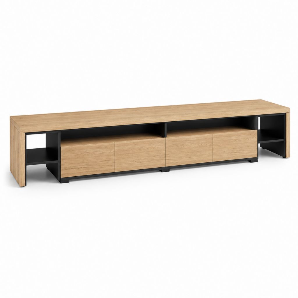 Meuble TV bas rectangulaire chêne naturel et noir en panneaux MDF 200 x 40 x 45 cm