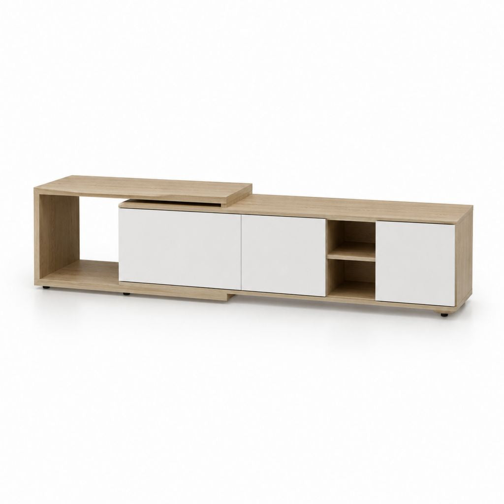 Meuble TV bas rectangulaire chêne clair et blanc en panneaux de particules mélaminés 180 x 40 x 45 cm