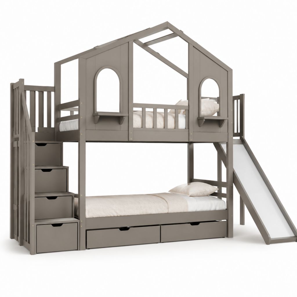 Lit superposé enfant avec toboggan escalier rangement gris en pin massif et MDF 90 x 200 cm