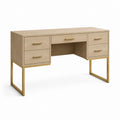 Bureau classique avec 5 tiroirs chêne clair et acier doré rectangulaire 140 x 60 x 75 cm