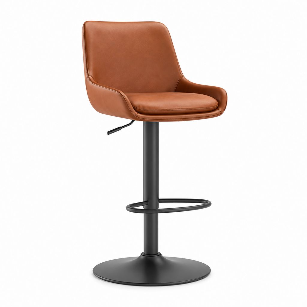 Tabouret de bar réglable pivotant caramel en cuir synthétique PU avec piètement acier 52 x 55 x 91-112 cm