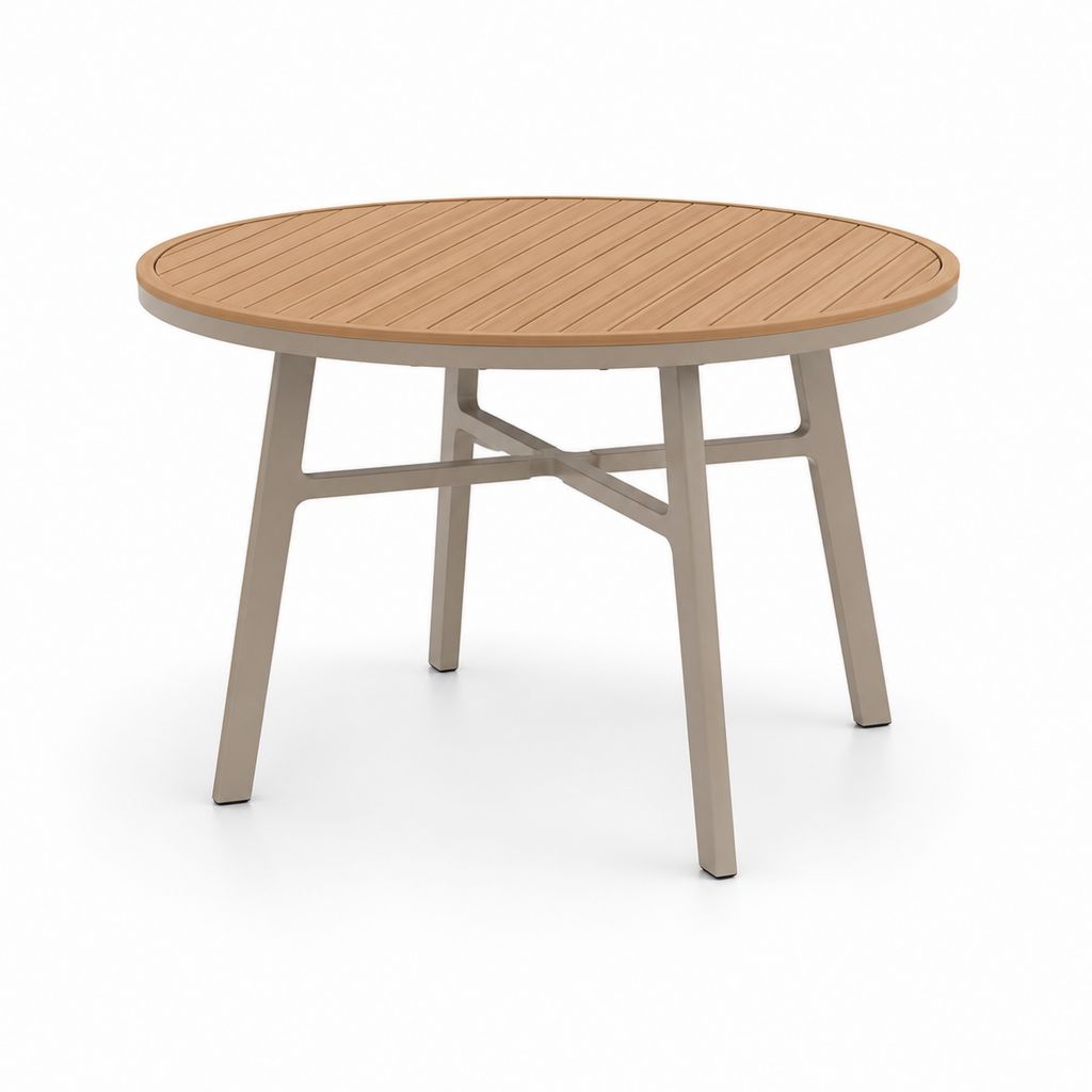 Table de jardin ronde en polypropylène beige et taupe effet lattes Ø 120 cm x H 75 cm