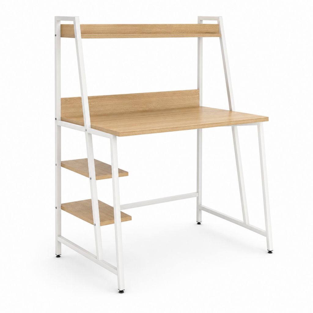 Bureau informatique avec étagères 100 x 50 x 140 cm blanc et chêne en panneaux de particules mélaminés et acier rectangulaire