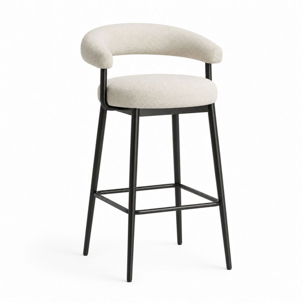 Tabouret de bar avec dossier beige en polyester bouclette et acier noir 53 x 55 x 96 cm