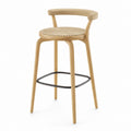 Tabouret de bar avec dossier beige en frêne massif assise ronde tressée 95 x 55 x 52 cm
