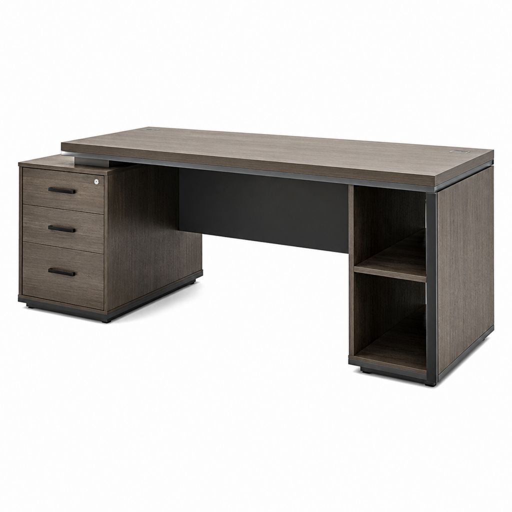 Bureau droit avec caisson et étagères gris brun en panneaux de particules 160 x 70 x 75 cm