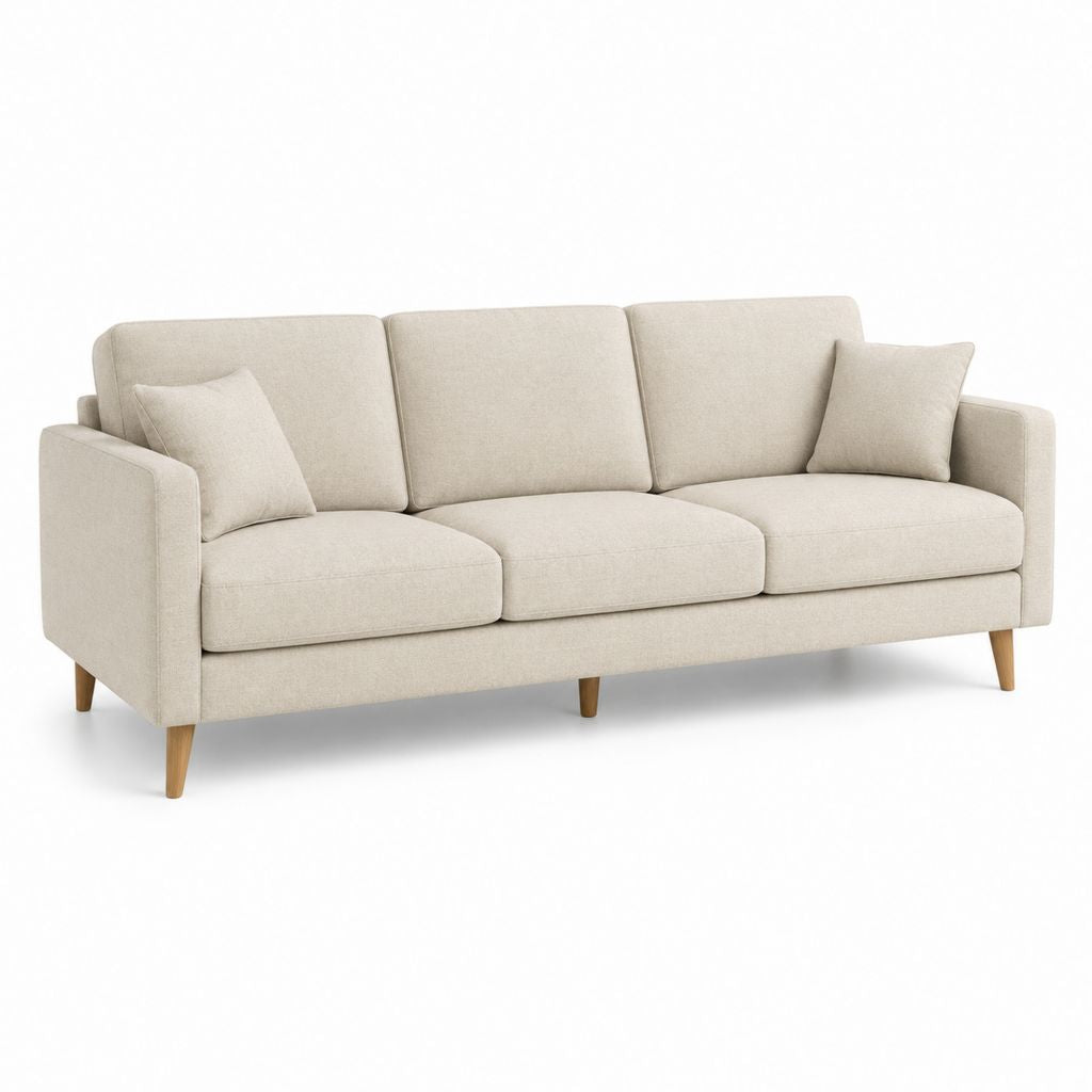 Canapé droit 3 places beige en polyester avec pieds en bois massif 220 x 90 x 85 cm