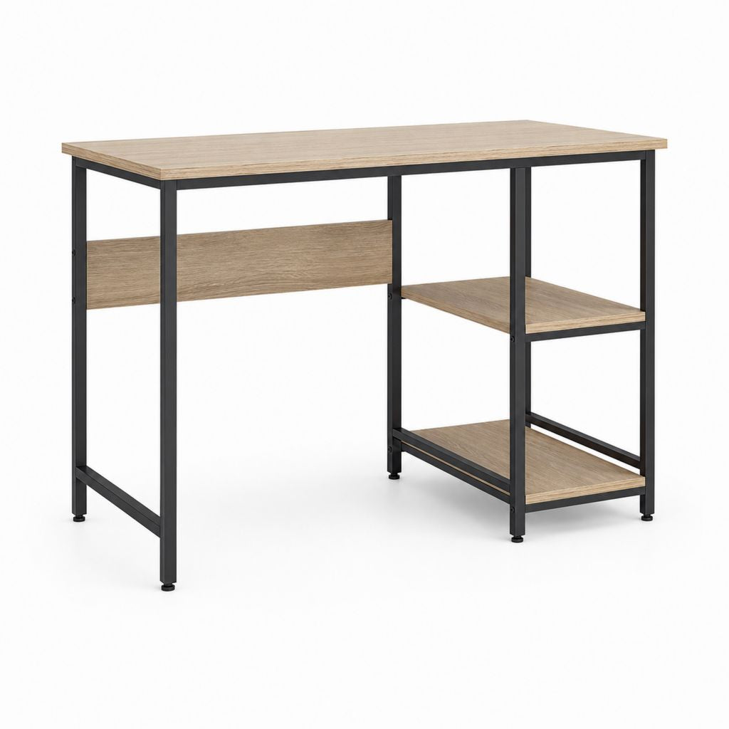 Bureau informatique avec étagères chêne clair et noir en panneaux de particules et acier 120 x 60 x 75 cm