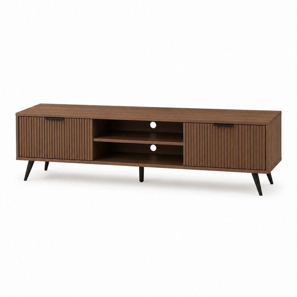 Meuble TV rectangulaire noyer foncé en panneaux de particules 160 x 40 x 55 cm avec 2 portes et 2 niches