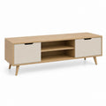 Meuble TV rectangulaire chêne clair et beige en panneaux de particules 140 x 40 x 50 cm avec 2 portes et 2 niches