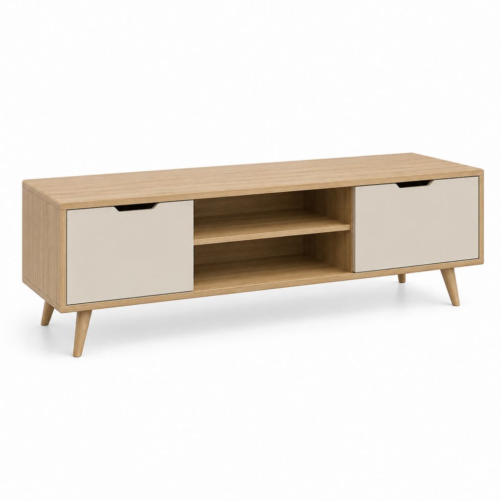 Meuble TV rectangulaire chêne clair et beige en panneaux de particules 140 x 40 x 50 cm avec 2 portes et 2 niches