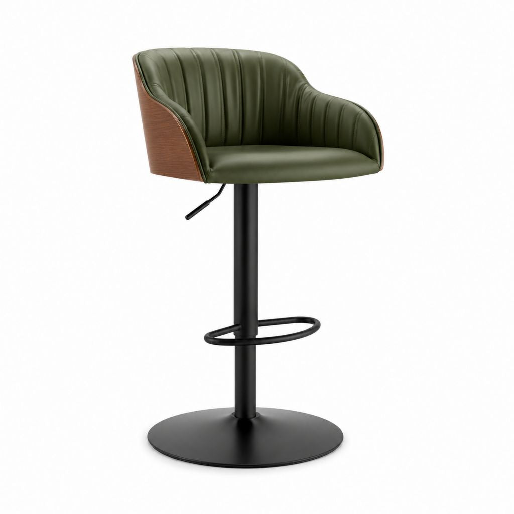 Tabouret de bar réglable vert olive en polyuréthane avec base ronde en acier 52 x 55 x 92-113 cm