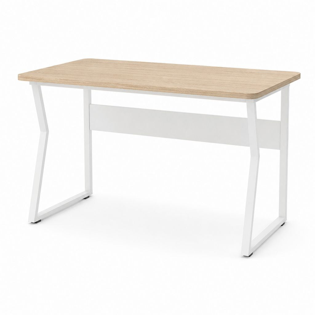 Bureau informatique rectangulaire chêne clair et blanc en panneau de particules acier 120 x 60 x 75 cm