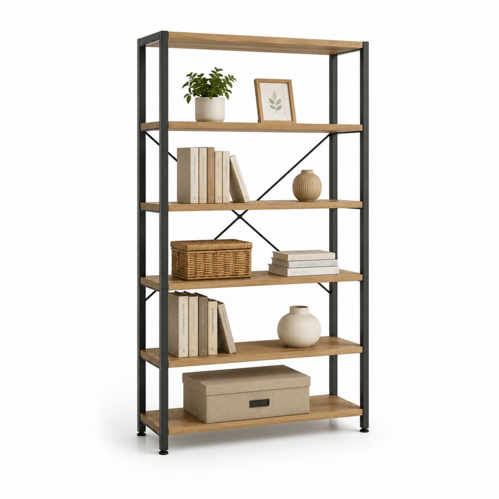 Étagère de rangement 6 niveaux marron chêne et noir en panneaux de particules et acier 80 x 30 x 180 cm