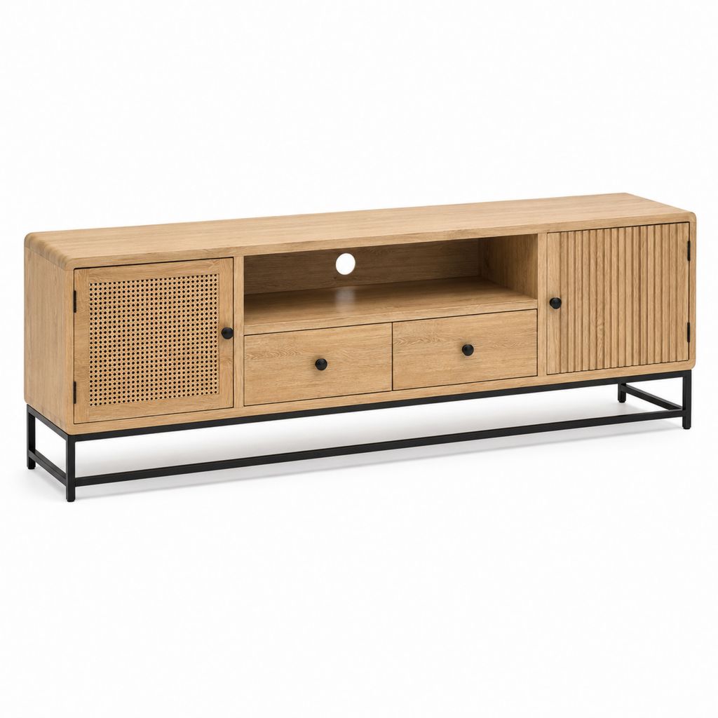 Meuble TV bas en chêne et cannage naturel 180 x 40 x 60 cm